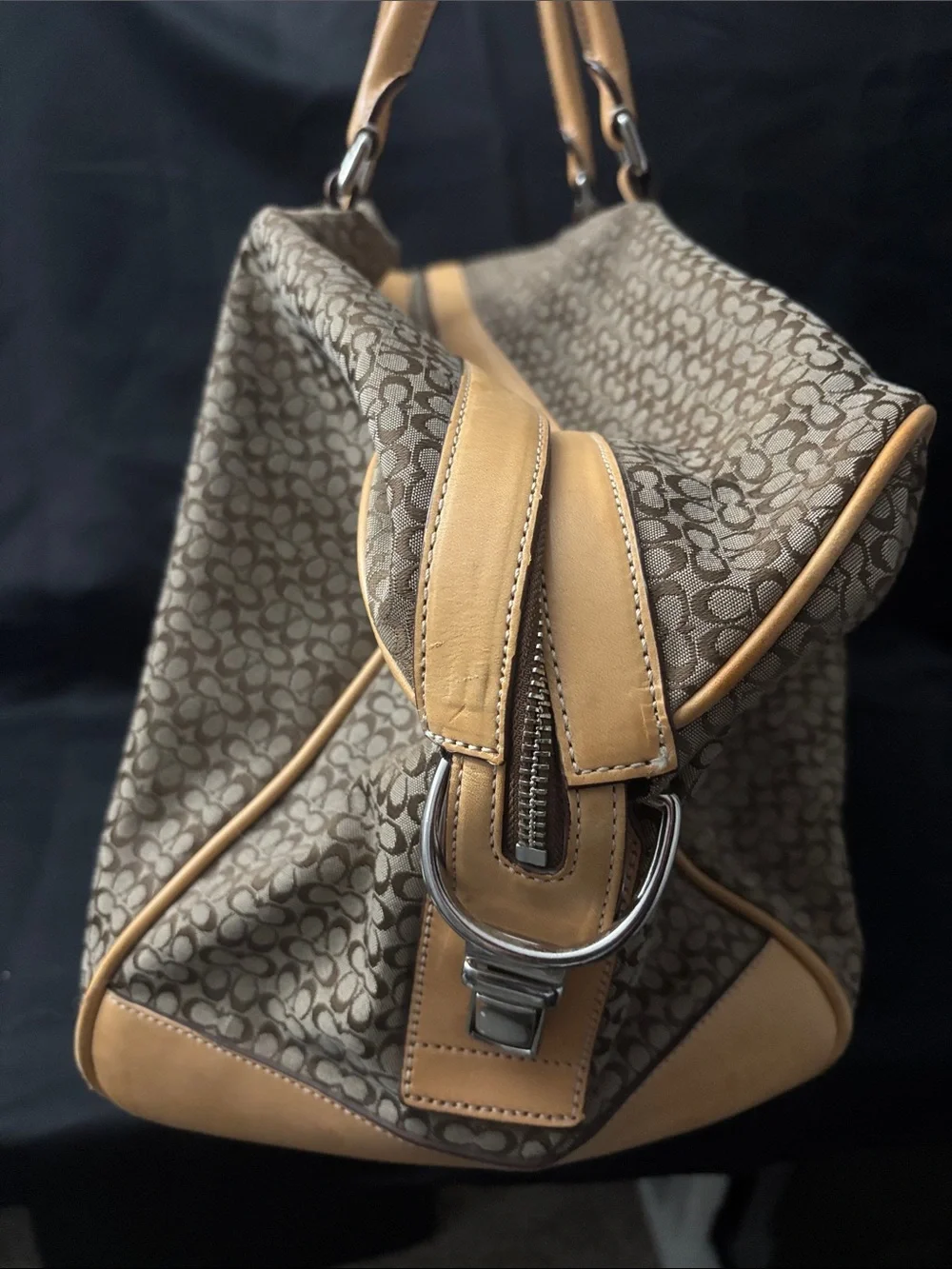 Coach Brown Signature Canvas Duffel with Tan Leather Trim